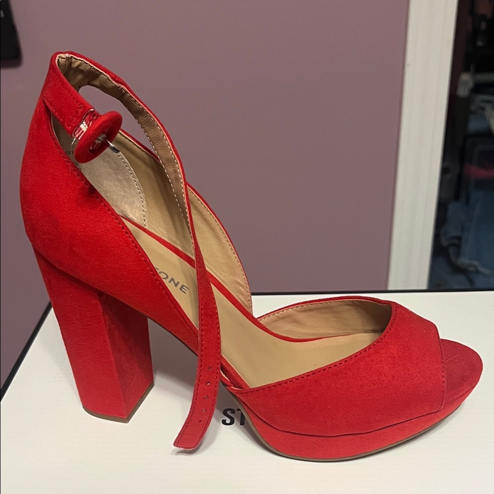 Sun + Stone Red Block Heel Peep-Toe Sandals